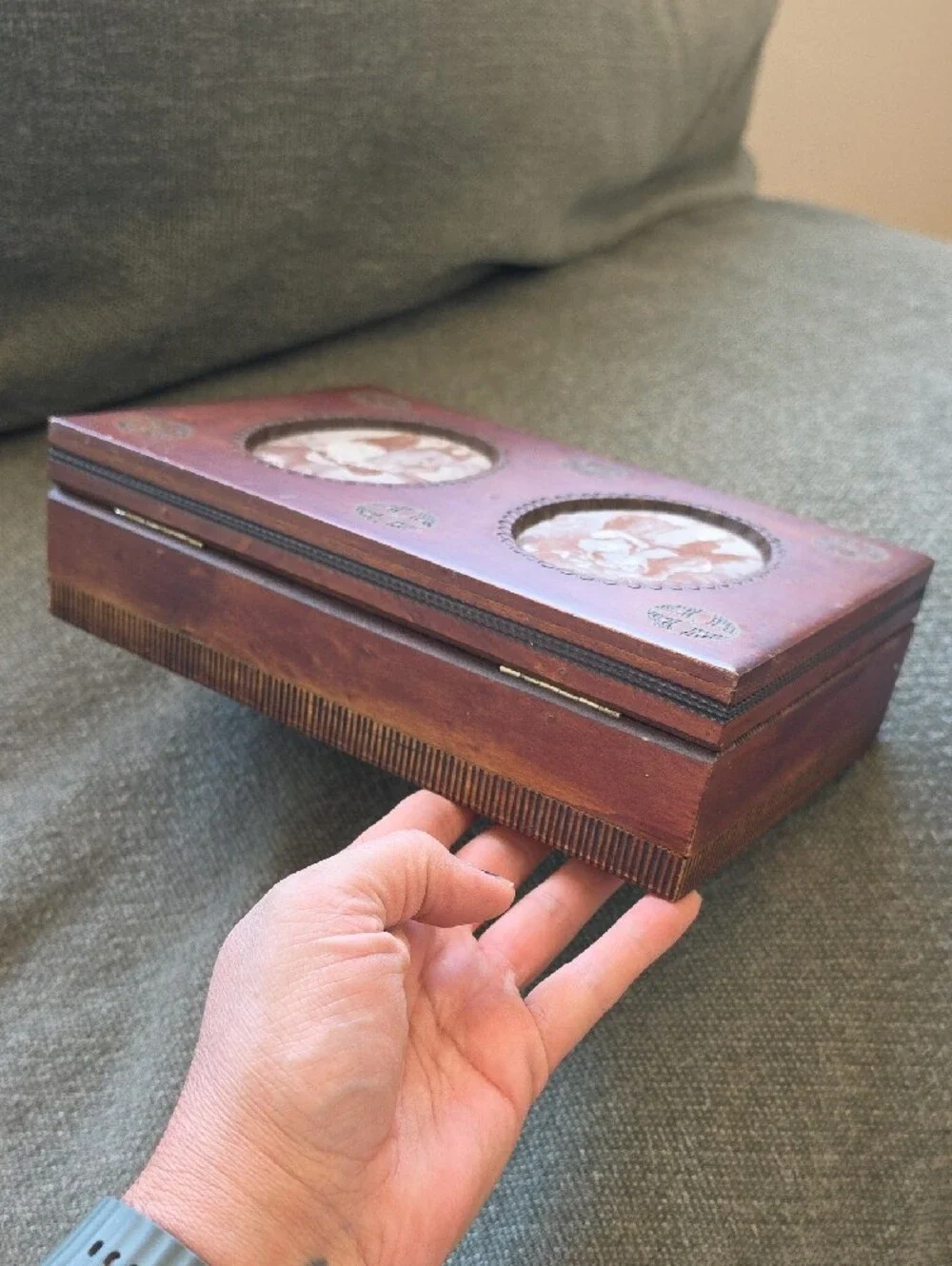 Vintage Polish Brown Wooden Trinket Box with Silk Print Insets